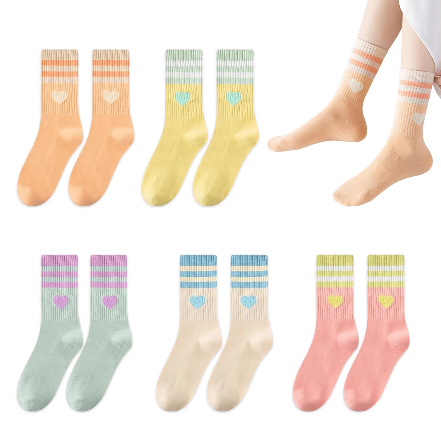 RNFKSU 5 Pairs Of Ladies Love Socks, Sports And Leisure Socks, Retro Striped Cotton Comfortable Running Training Socks.