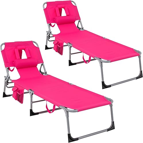 GYMAX Silla bronceadora, tumbona de playa plegable con agujero para el brazo facial, respaldo ajustable, bolsillo lateral, almohada y asa de