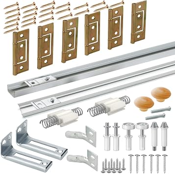 Bifold Door Hardware with Track, Bi-fold Closet Door Hardware Repair Tool Kit, Included Top Guide Wheels, Top Pivot, Bottom Pivot, Spring, Metal Pivot Pin and Steel Track 60 inch