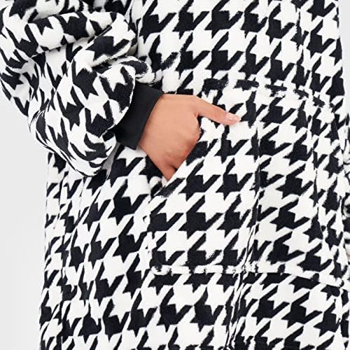 Dreamscene Houndstooth Oversized Hoodie Blanket Sweatshirt with Sleeves and Pocket Soft Sherpa Fleece Throw Cosy Wearable Hooded Jumper for Adults Men Women UK - houndstooth black and white