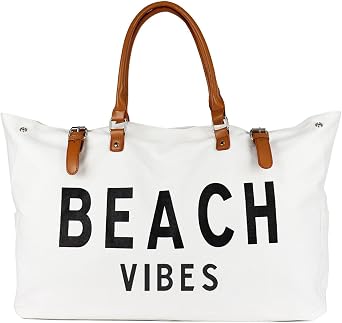 Lamyba Beach Bag with Vegan Leather Handle, Extra Large Beach Bag for Women Waterproof Sandproof, White | with Vegan Leather Handle