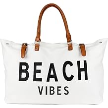 Lamyba Beach Bag with Vegan Leather Handle, Extra Large Beach Bag for Women Waterproof Sandproof, White | with Vegan Leather Handle