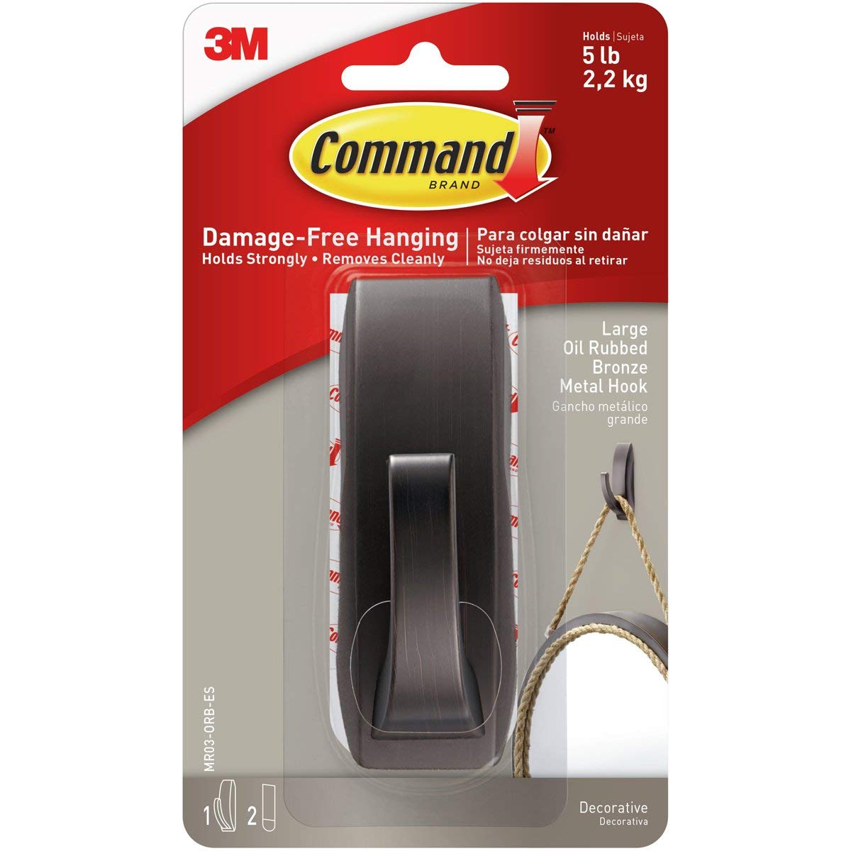 Command Large Modern Reflections Metal Hook, Holds up to 5 lb, Oil Rubbed Bronze, 1 Wall Hook with 2 Strips, Damage-Free Hanging Hooks for Hanging Decorations in Living Spaces