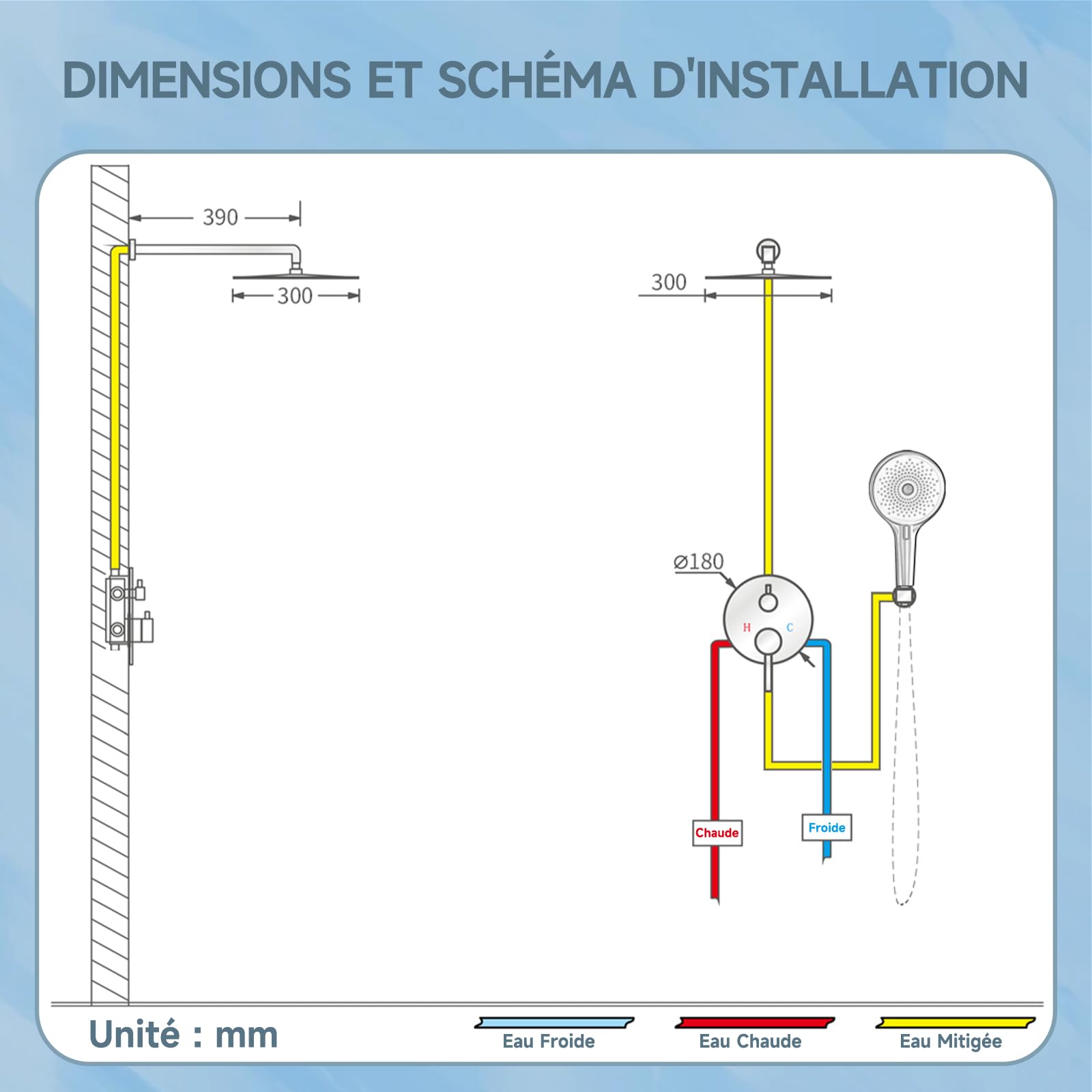 Colonne de douche,Système de douche avec pomme de douche à effet pluie 30x30cm,Ensemble d'accessoires de douche encastrés en or brossé,Pommeau de douche à effet pluie réglable à 360°,Buse anticalcaire