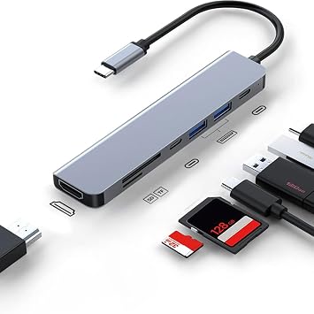 7-in-1 USB C Hub 4K@30Hz HDTV, USB 3.0/2.0, Type C, SD/TF, PD100W Charging, Compatible with MacBook, iPad, Dell, HP, Samsung, Huawei