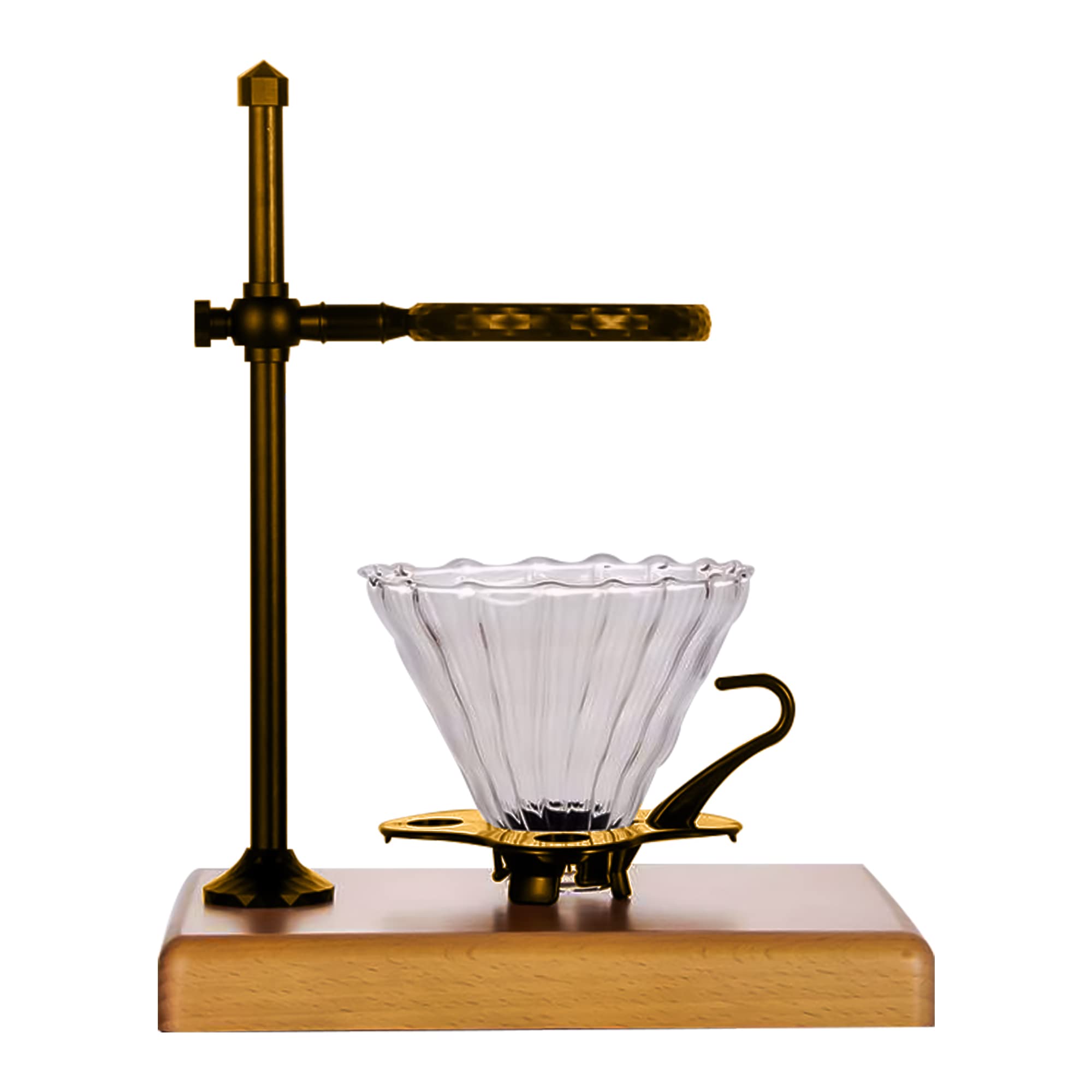 ROYAL BREW EST. 1987Pour Over Coffee Glass Dripper Kit with Adjustable Brass and Wood Base Stand (Bronze)