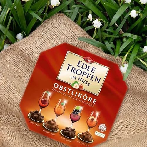 Edle Tropfen in Nuss Obstliköre 250g, flüssig gefüllte Schokoladenpralinen mit Milchschokoladen-Überzug und knackigen Haselnuss-Splittern