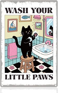 Black Cat Bathroom Tin Sign Retro Metal Wall Decor 8" x 12" Vintage Cute Kitten Wash Your Little Paws Wall Art Poster for Home Cafe Room Bathroom Bathhouse Pub Bar Man Cave Decor Gift