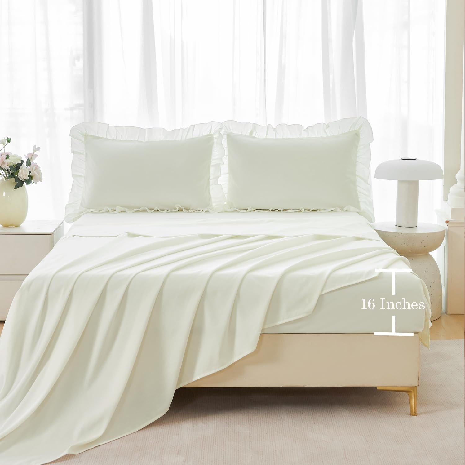 ANGIYUIN 5 Pieces Ivory Twin Size Bedding Set for Kids Girls Beige Ruffled Bed in A Bag with Sheets Farmhouse Fluffy Comforter Set Shabby Chic Bed Sets(Ivory Twin) - Image 5