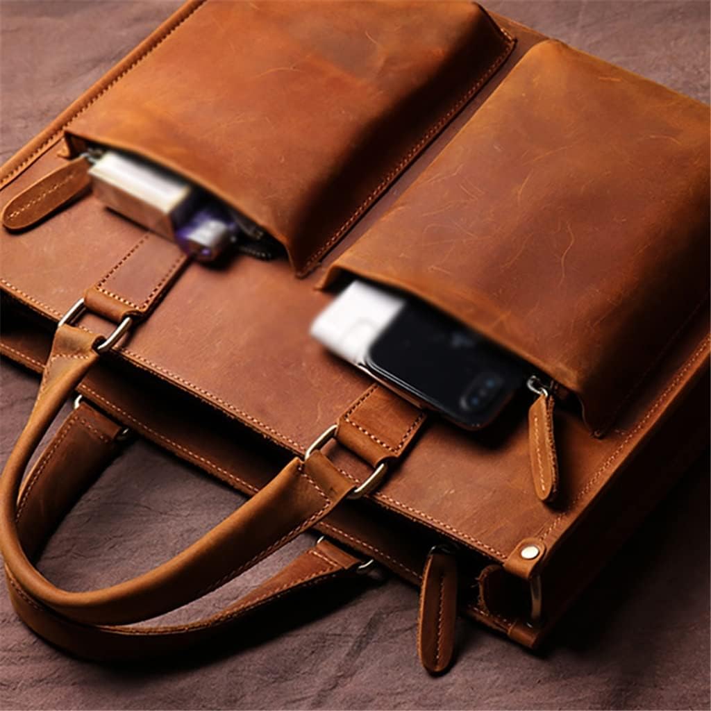 Handbag Briefcase Men Shoulder Genuine Leather Bags Brown 14 Inch Laptop Bag