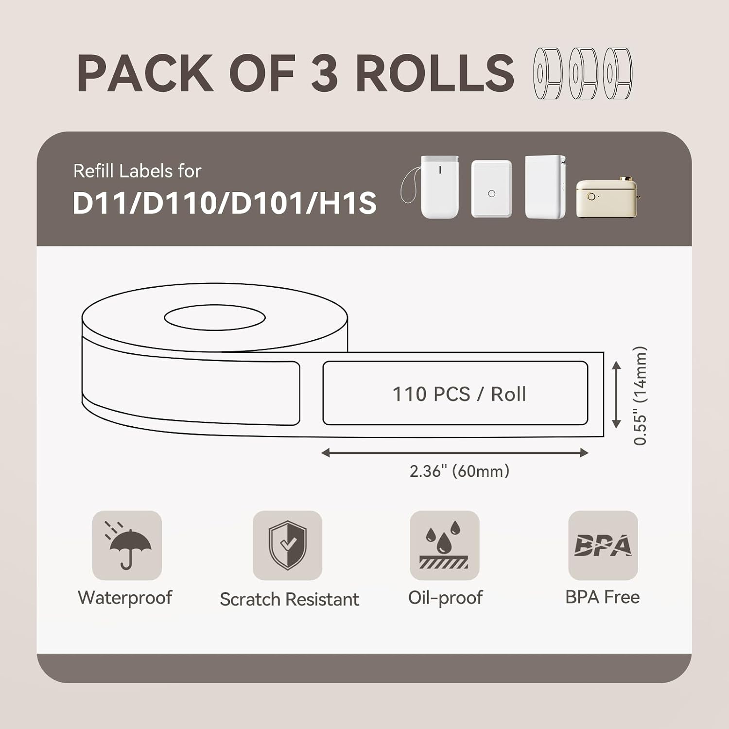 NIIMBOT 3 Rolls Labels for D11/D110/D101/H1S, Thermal Printer Labels 0.55" x 2"(14x50mm), NIIMBOT Labels for Logo/Jar Label/Home/Kitchen(White)