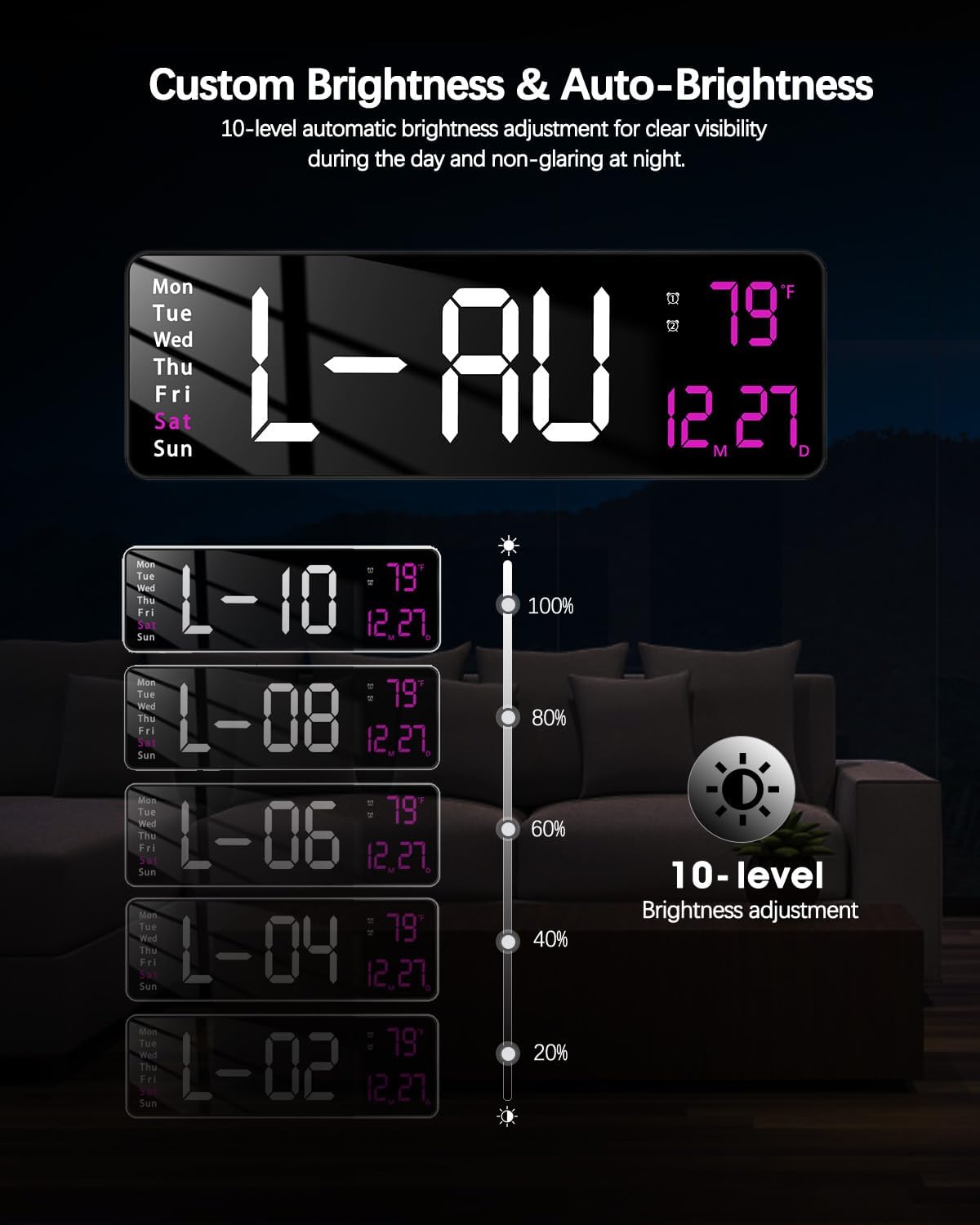 JoFomp Modern 16" Large Digital Wall Clock with Remote Control, LED Display, Auto-Dimming, Countdown, Temperature, Calendar - 12/24Hr Format - Silent Wall Clock for Home, Office, or Gym Use (Pink)