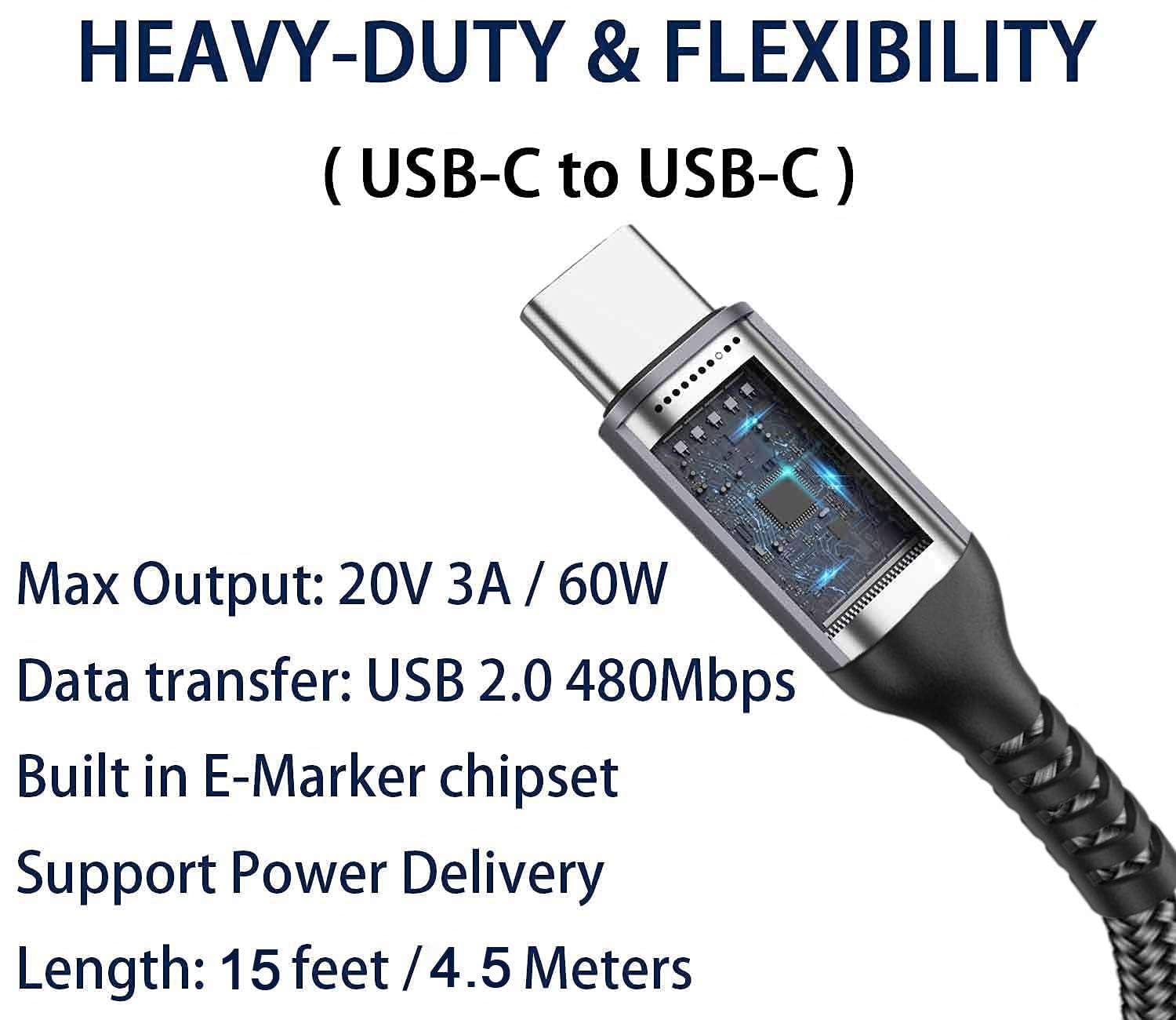 Cable USB-C a USB C de 60 W, cable USB tipo C extralargo para iPhone 15, MacBook Pro 2020, iPad Air 5th, Galaxy S23 S22, Note 20, Pixel 7, Switch, portátiles tipo C y teléfono