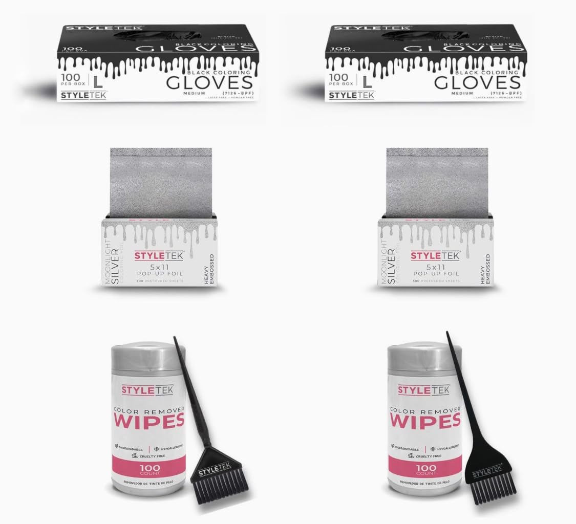 STYLETEK SALON KIT, 8 Piece Set, 2 Boxes (200CT) Black Gloves, 2 Boxes Pop-Up Foils (1000CT), 2 Boxes Color Remover Wipes (200CT), 1 Wide Coloring Brush, 1 Classic Coloring Brush (LARGE)
