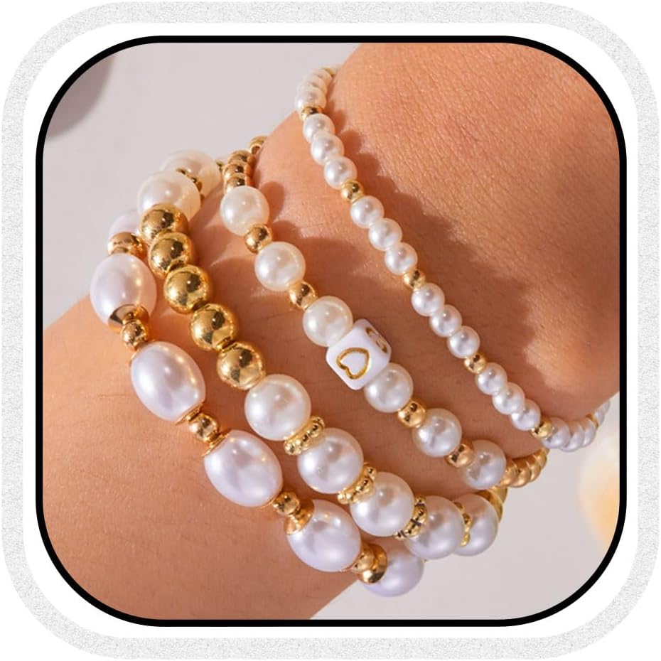 CASDRE Gold Pearl Bracelet White Pearl Bracelets Layering Bracelet for Women