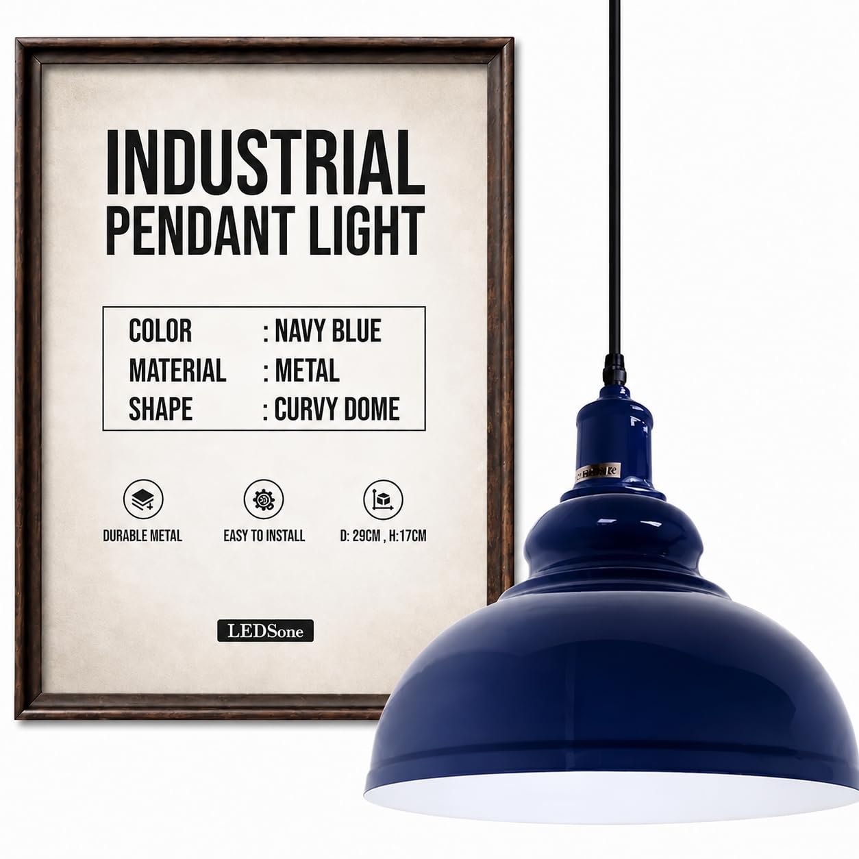 LEDSone Vintage Curvy Dome Pendant Light 96cm Adjustable Hanging Ceiling Fixture Metal Navy Blue for Homes, Restaurants, Cafes, Bars, Offices and Stylish Spaces โ image 1