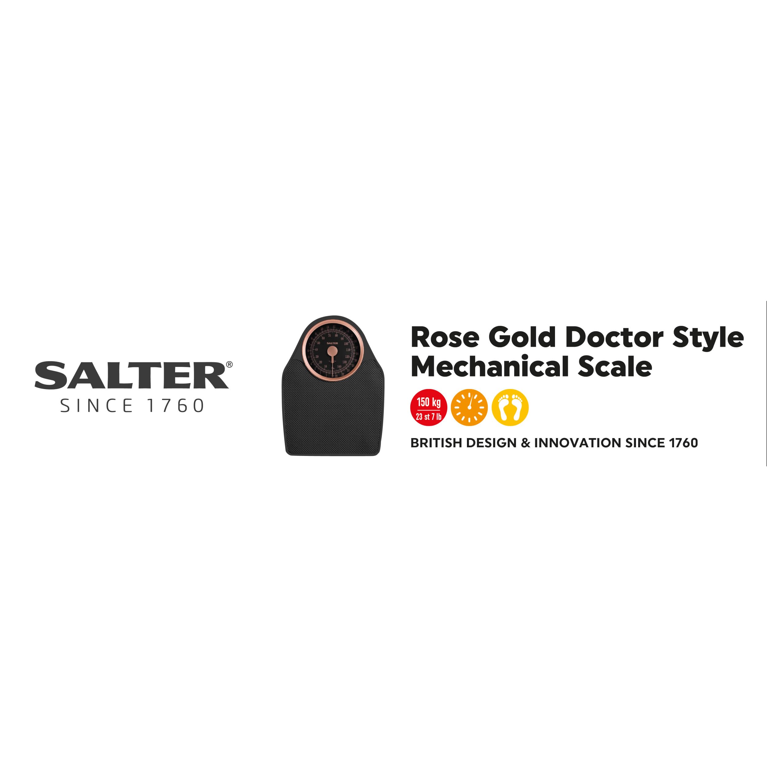 Salter Mechanische Personenwaage – Analoge Badezimmerwaage bis 150 kg, rutschfest, batterielos, leicht ablesbare Anzeige, präzises Wiegen, Rotgold