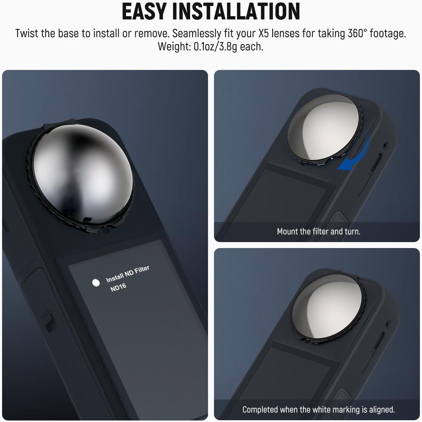 NEEWER ND Filters Compatible with Insta360 X5, ND16 Lens Filter Set, 4 Stops Light Reduction Screw On Auto Detect Multicoated Optical Glass Neutral Density, Action Camera Accessories, 2 Pack
