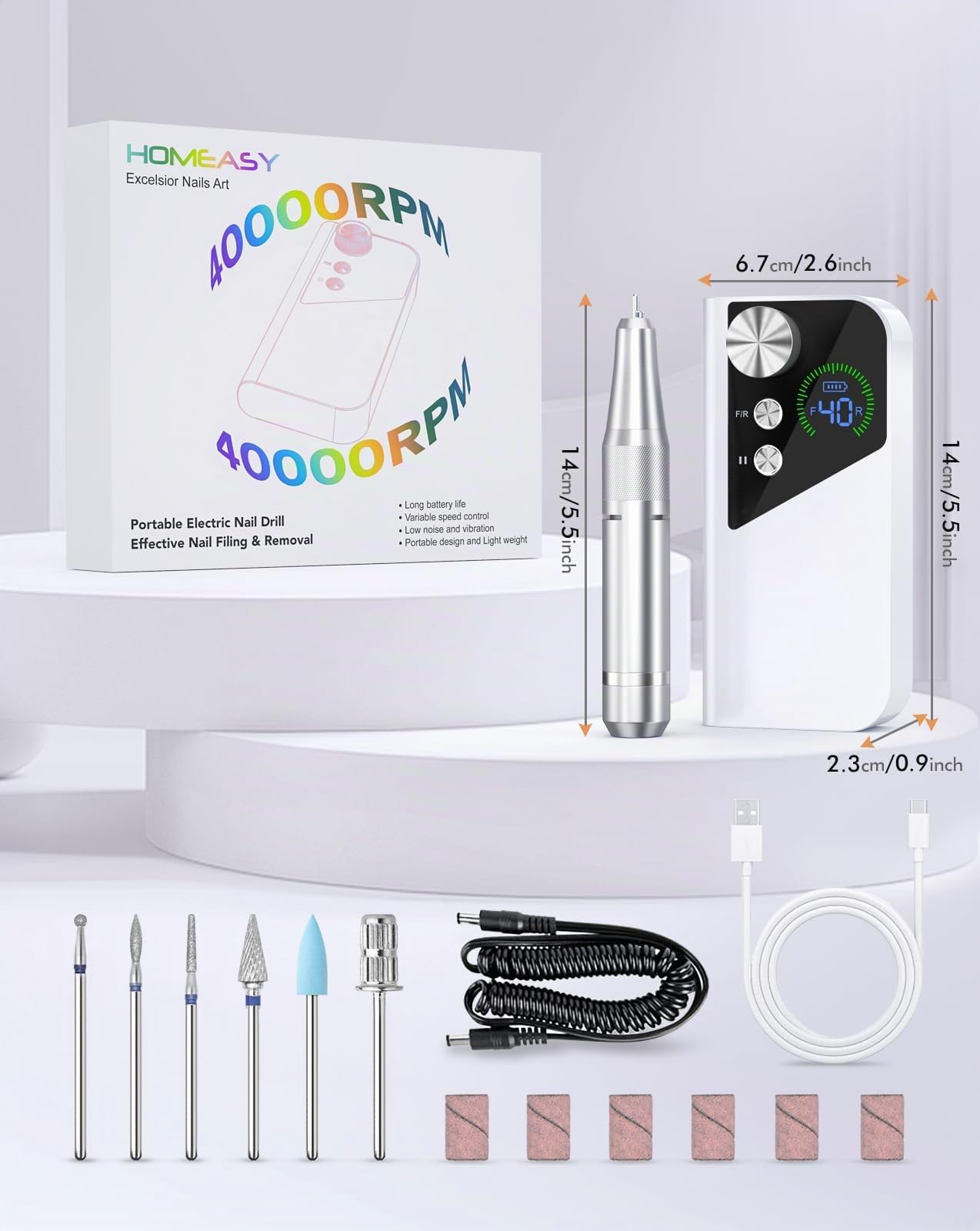HOMEASY Fresa per Unghie Professionale Elettrica Silenziosa con Punte in Ceramica Resistente per Manicure e Pedicure Rimozione Smalto Calli e Duroni con LCD Ricaricabile Batteria Design Antiscivolo