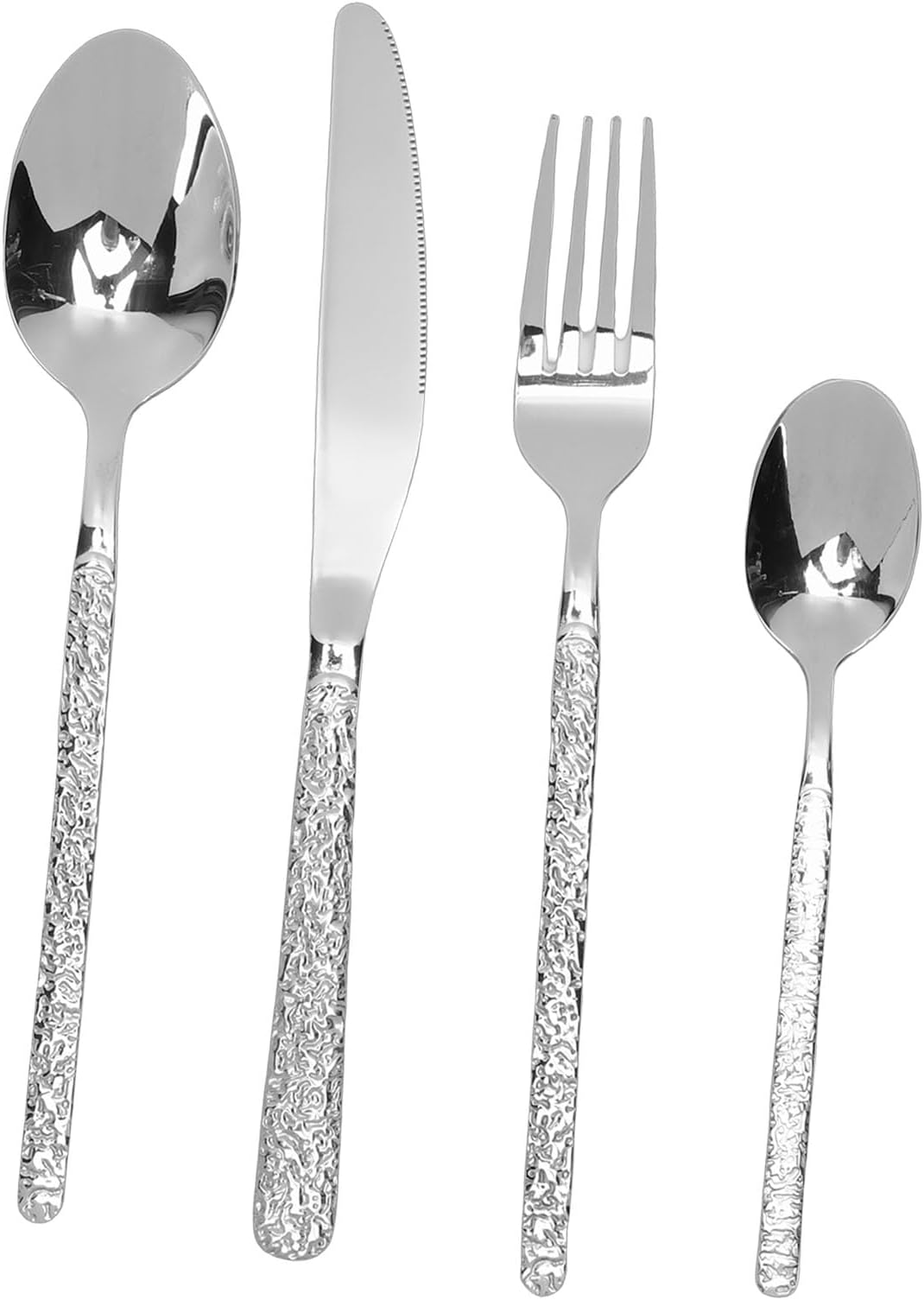 24PCS Hammered Silverware Set, Stainless Steel Kitchen Cutlery Set, Elegant Flatware Utensils with Plated Finish & Smooth Edges for Home Wedding Dining Serving 6 People (Silver)