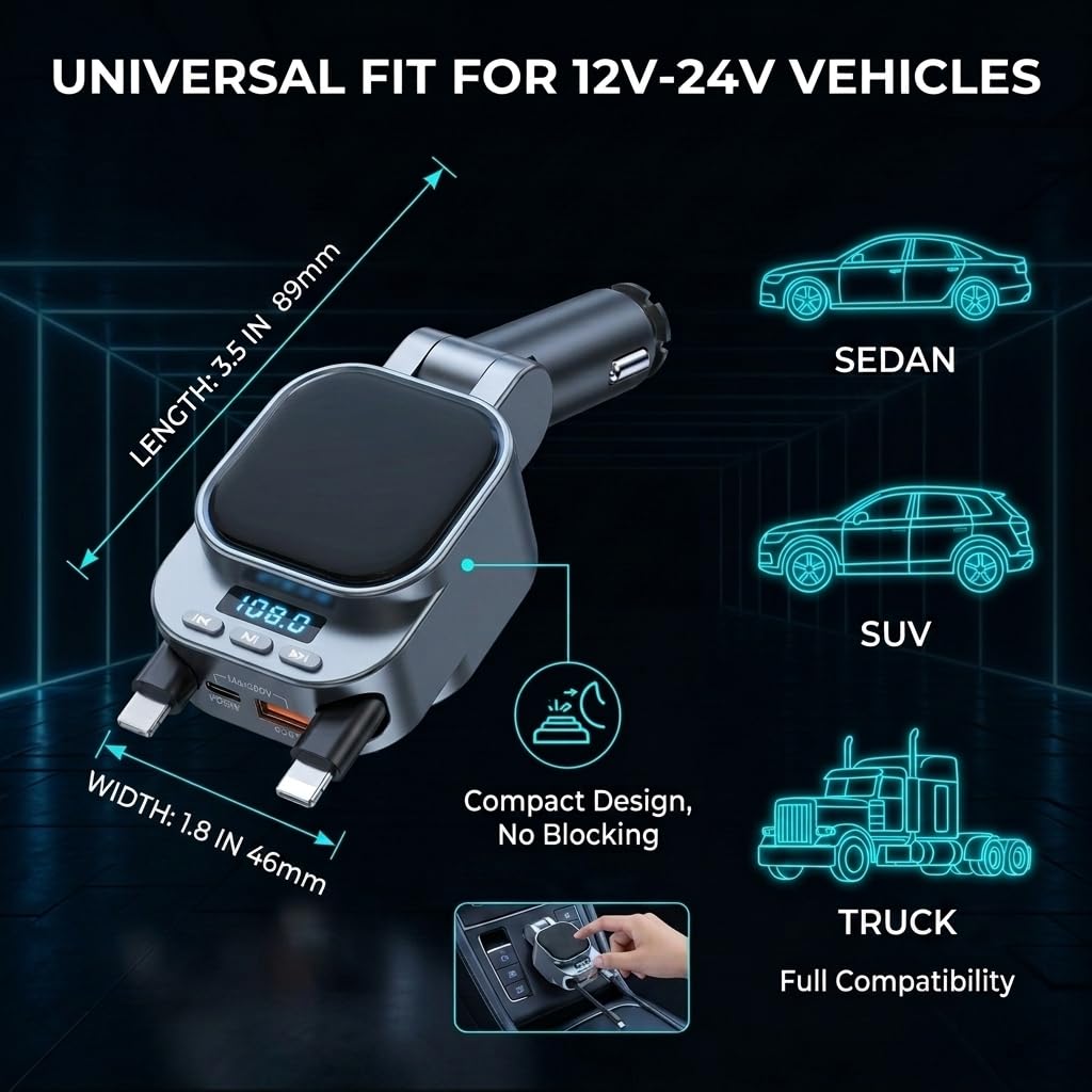 96 W auto retrattile caricabatterie con adattatore per auto Bluetooth, ricarica rapida 4 in 1, trasmettitore radio Bluetooth 5.3 FM, chiamate in vivavoce, adattatore per caricabatterie da auto USB C