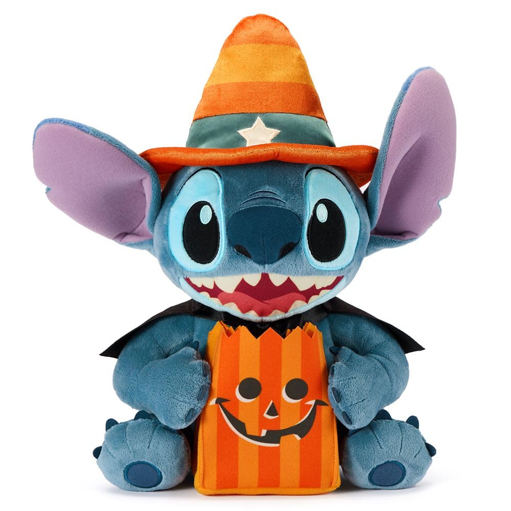 DISNEY STORE Peluche ufficiale di Stitch di Halloween - Peluche Disney Halloween con caratteristiche ricamate, scultura dettagliata in peluche, cappello di mais, mantello e borsa dolcetto o scherzetto