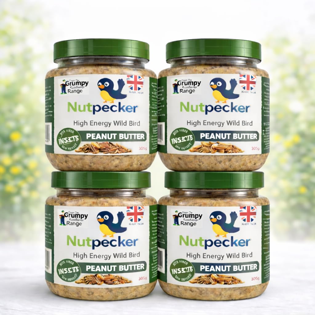 Grumpy Gardener NutPecker Peanut Butter Bird Food for Wild Birds - Mealworms Nutrient-Rich Suet Bird Feeding Nourishment, High-Energy Made in the UK Wild Bird Food | Mealworms Flavor 4 x 330g each
