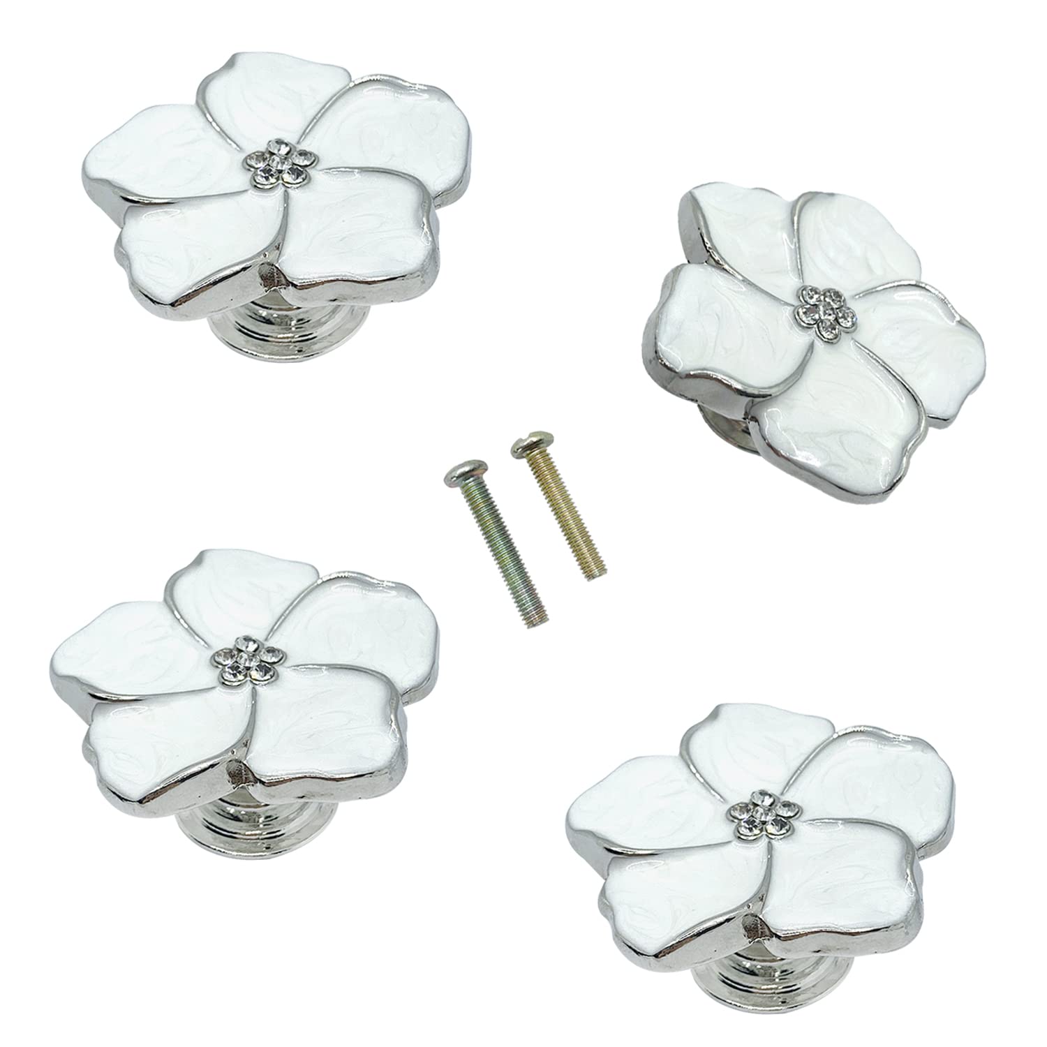 LLDYNW 4pcs White Flower Petal Handles Kitchen Cabinet Drawer Knobs & Pulls (Silver, 8 Screws)