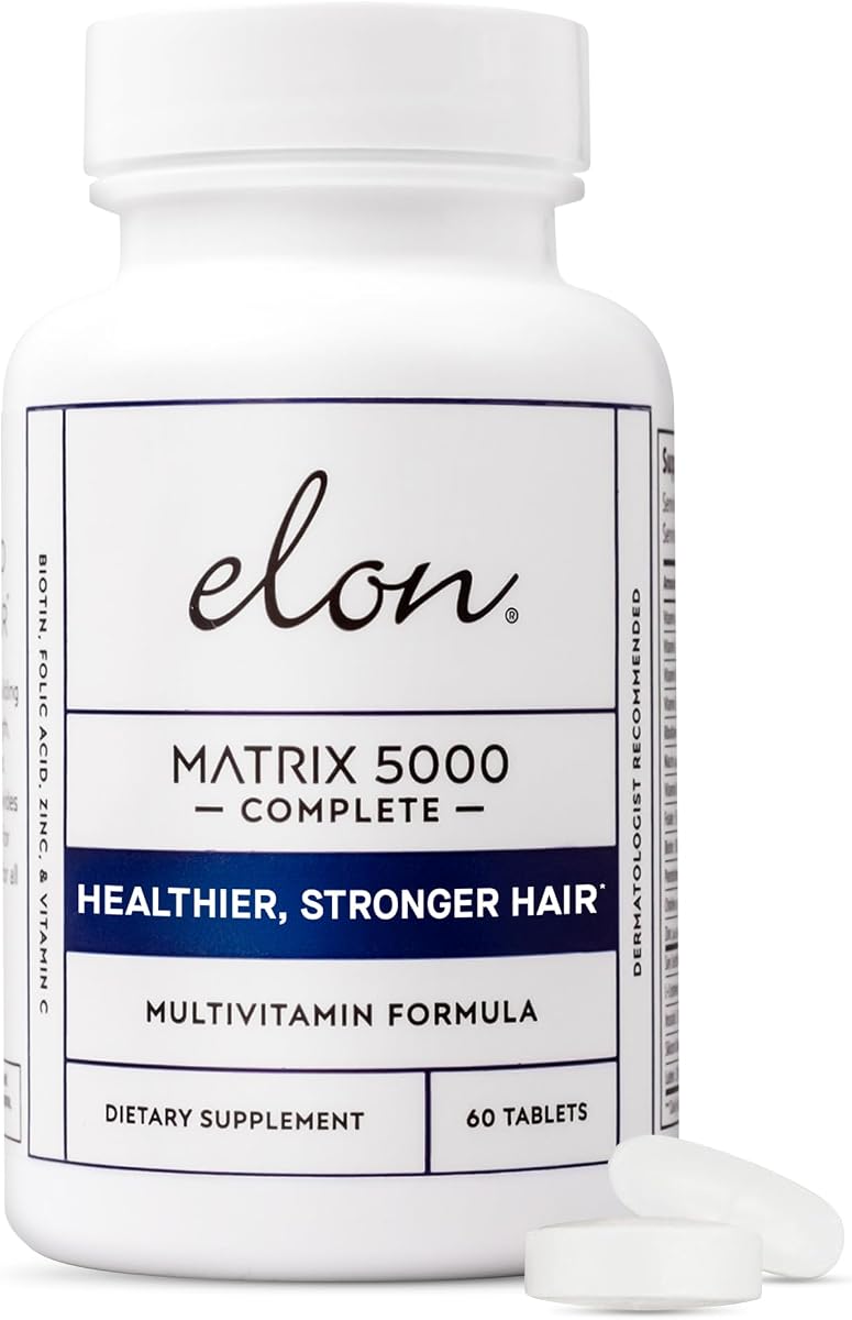 Elon Matrix 5000 Multivitamínico completo — Vitaminas para el crecimiento de la piel, el cabello y las uñas — Vitaminas para el crecimiento saludable del cabello para mujeres y hombres — Suplemento de biotina de 5000 mcg (suministro para 60 días)