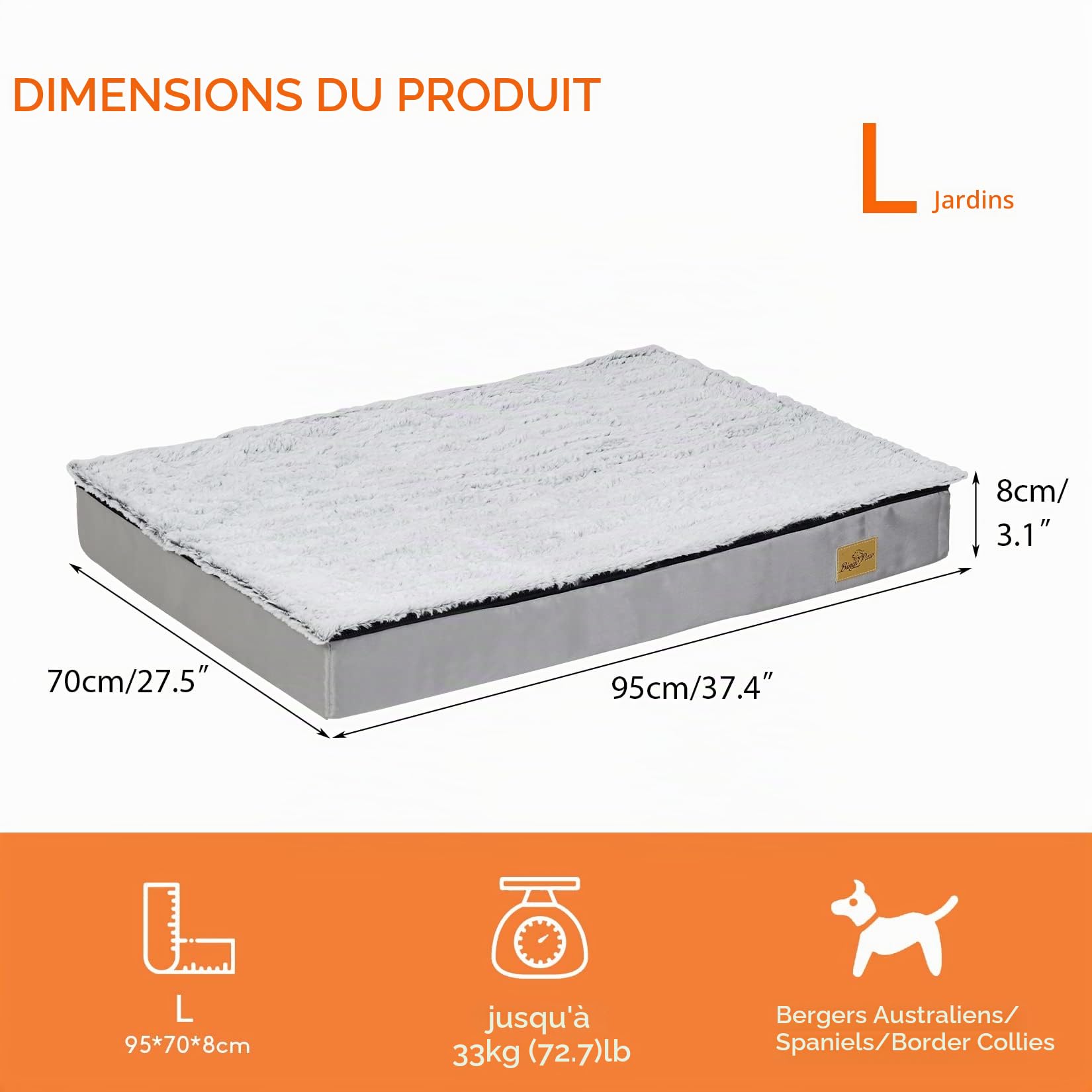 BingoPaw Coussin Grand Chien Déhoussable: Panier pour Chien Orthopédique Grande Taille Tapis pour Chiens Lavable Matelas Imperméable en Mousse Haute Résilience 95x70x8cm