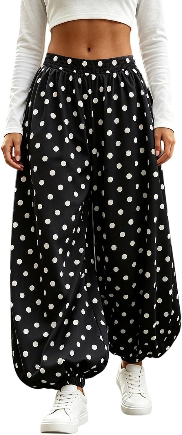 Women Polka Dot Harem Pants Elastic Waist Loose Fit Jogger Trousers