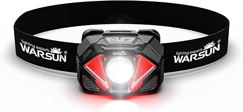 WARSUN WH02 - Linterna frontal LED, recargable con sensor de movimiento, luz brillante ultraligera con doble potencia, 5 modos de luz roja y blanca