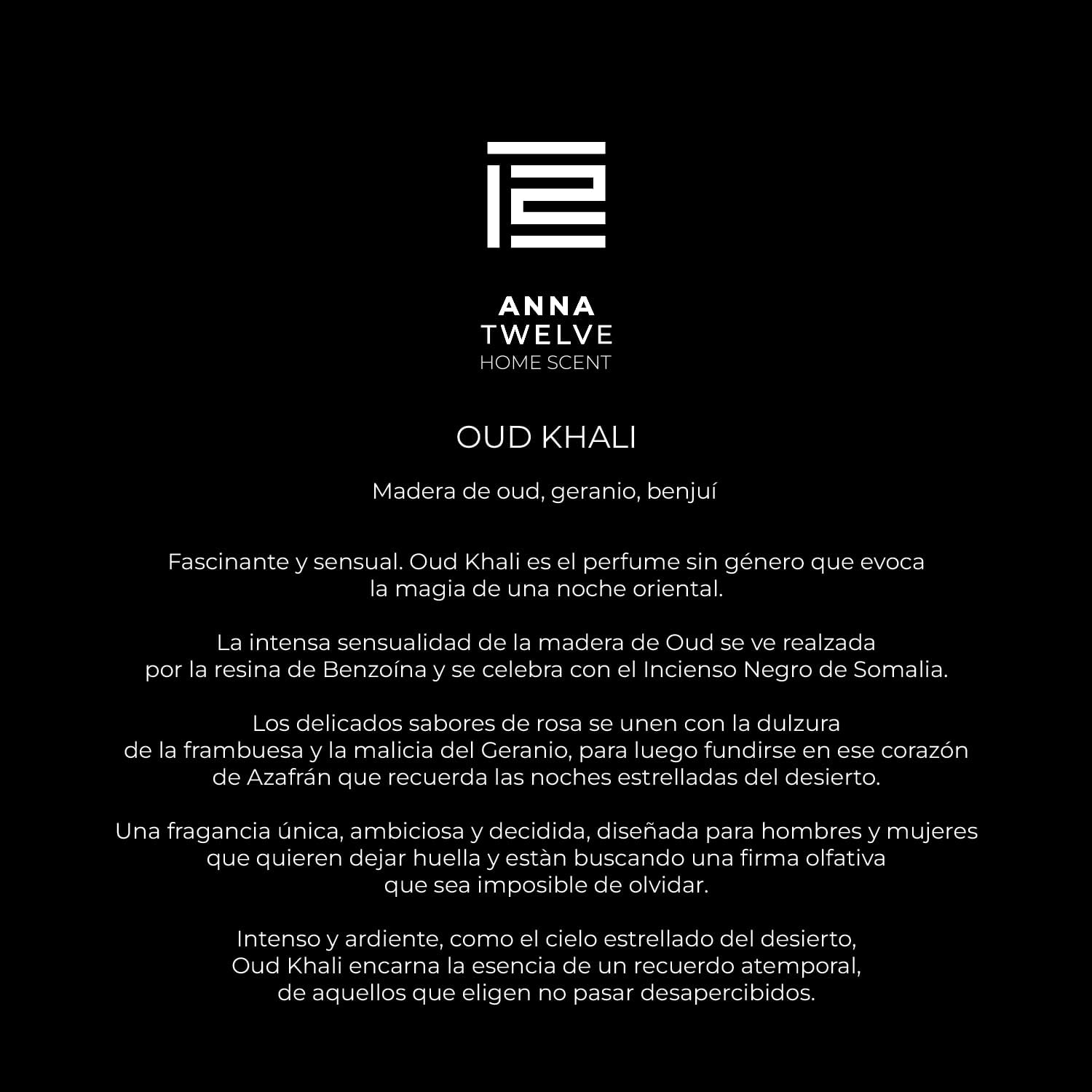 Anna Twelve OUD KHALI Parfum - 100 ml, Perfume Unisex con Notas de Oud, Geranio, Frambuesa y Benjuí, para Hombre y Mujer, Fragancia Intensa, Amaderada y Especiada