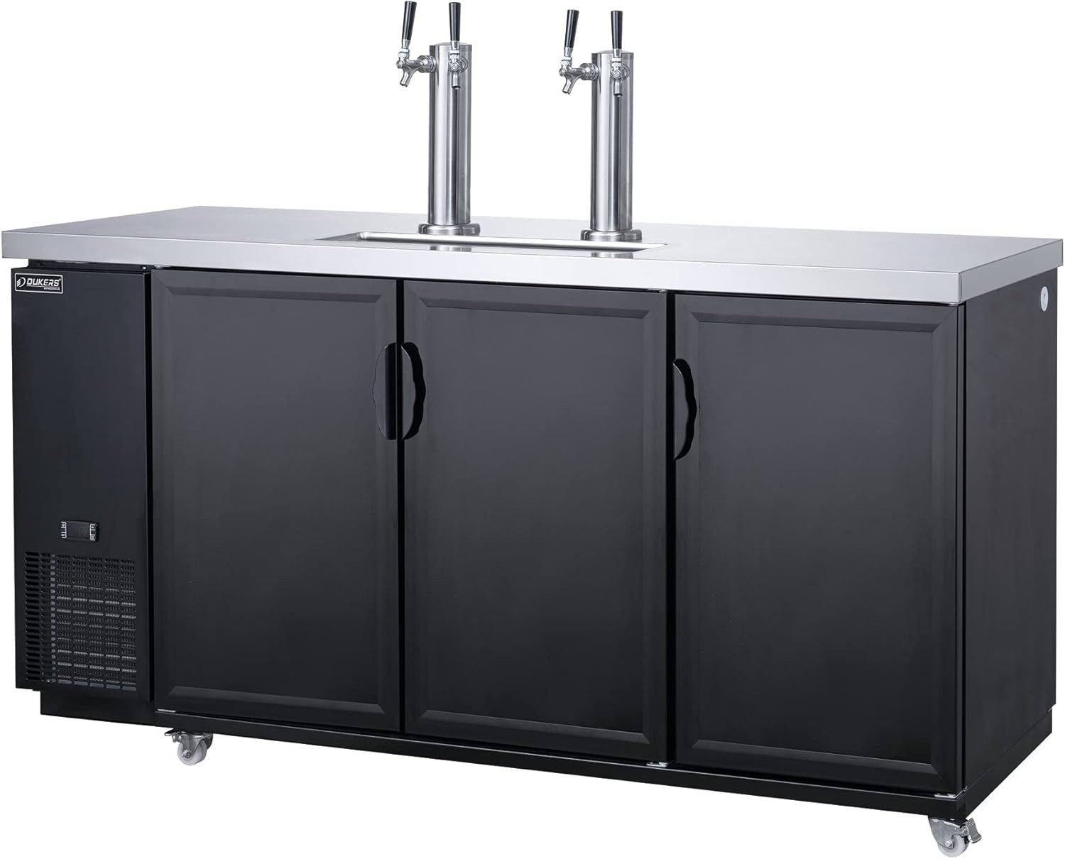 Dukers 2 Keg Cooler, Beverage Kegerator, 72“W 3 Swing Door, Auto Defrost, DKB72-M3 Black, Commercial Use