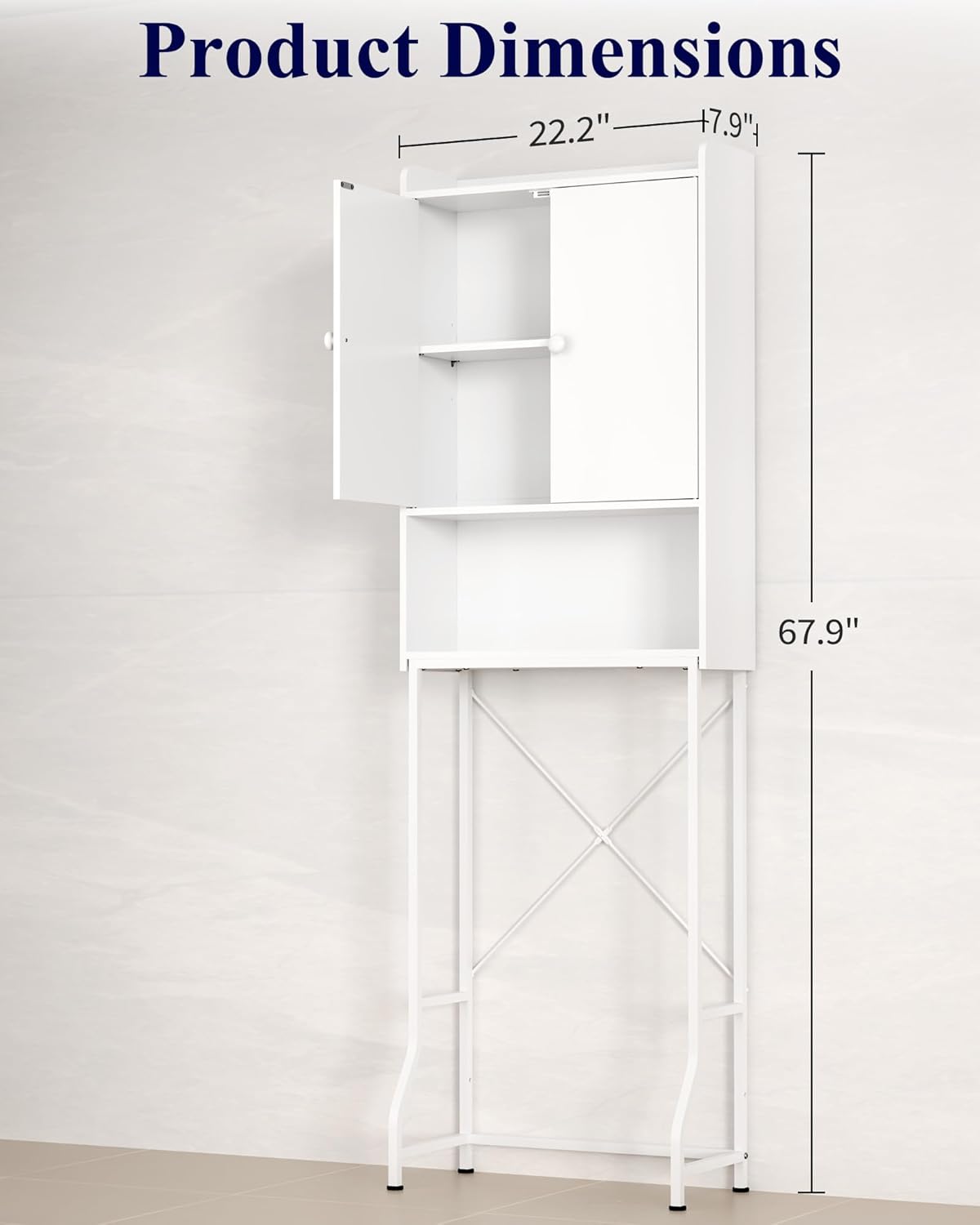 Kitsure Over The Toilet Storage Cabinet - 3 Tier Bathroom Organizers and Storage Solution with Adjustable Shelf & Bottom Bar, Anti-Tip Bathroom Storage Cabinet, White, 3 Tiers (67.9" H)