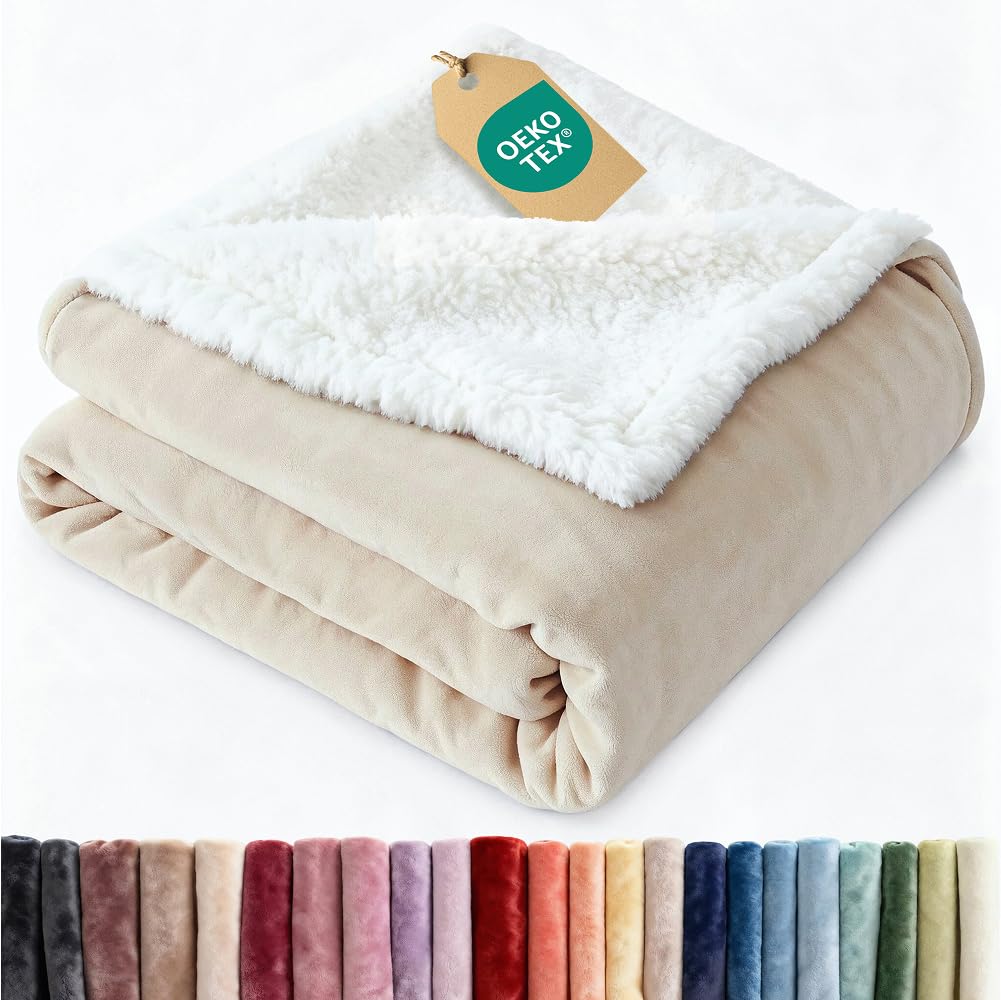 sherpa fleece blanket throw size - reversible sherpa fleece throw blanket - super soft double sided for bed, sofa, couch - thick, warm, and plush - luxurious bedding for winter - ivory, 50" x 60"