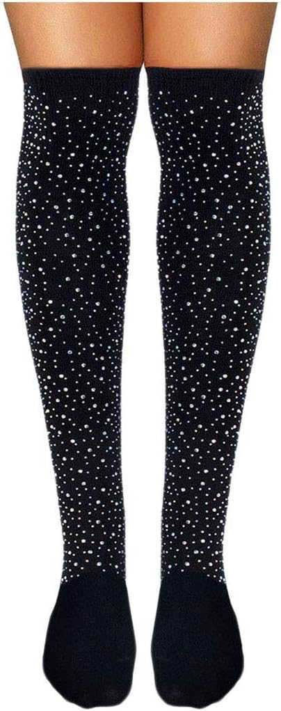 Rhinestone Over Knee High Socks Sparkly Black Crystal Stockings Glitter Casual Stocking Cheerleader Costume for Women