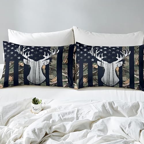 Miniatura 6 de Juego de edredón Queen con bandera estadounidense para niños, cuernos de ciervos, caza de animales, camuflaje de plumón, decoración del hogar, juego