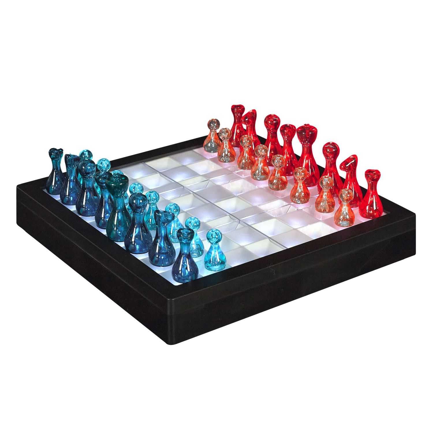MISTER GADGET Jeu d'Échecs Transparent LED Échiquier Lumineux Multicolore | Plastique PS, jeu d'échecs transparent LED, échiquier lumineux, pièces noires bleues et blanches, soirées, multicolore