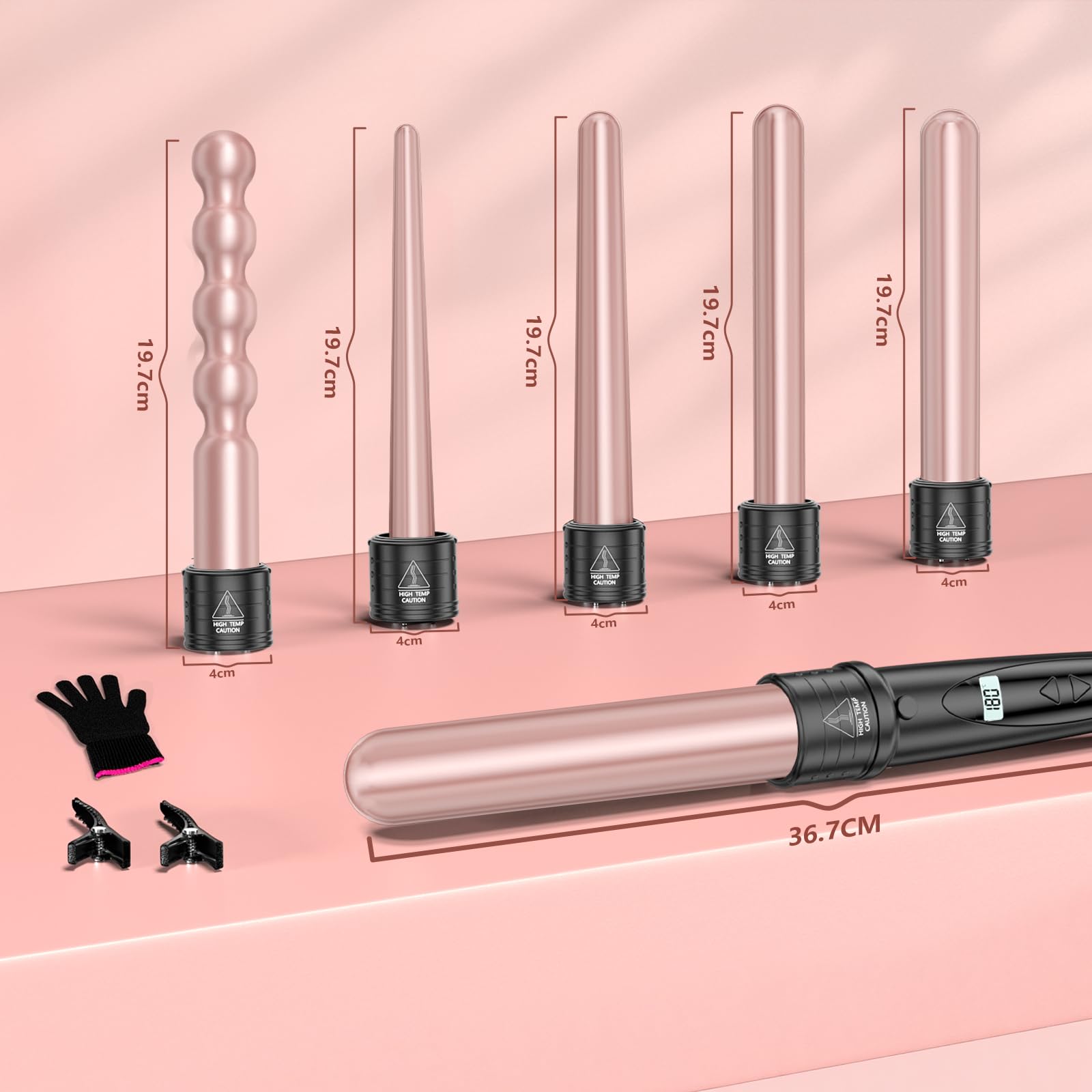 6 en 1 Fer à Boucler Cheveux en Céramique Chauffage Rapide Fer à Friser avec LCD Écran Température Réglable Ensemble de Grandes et Petites Boucles et Gant Anti-brûlure
