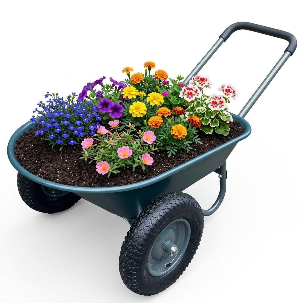 Carretilla de jardín con 2 ruedas, carro de utilidad de hierro y plástico, dimensiones 124 x 66 x 62,5 cm, multicolor, para jardín, patio y exterior