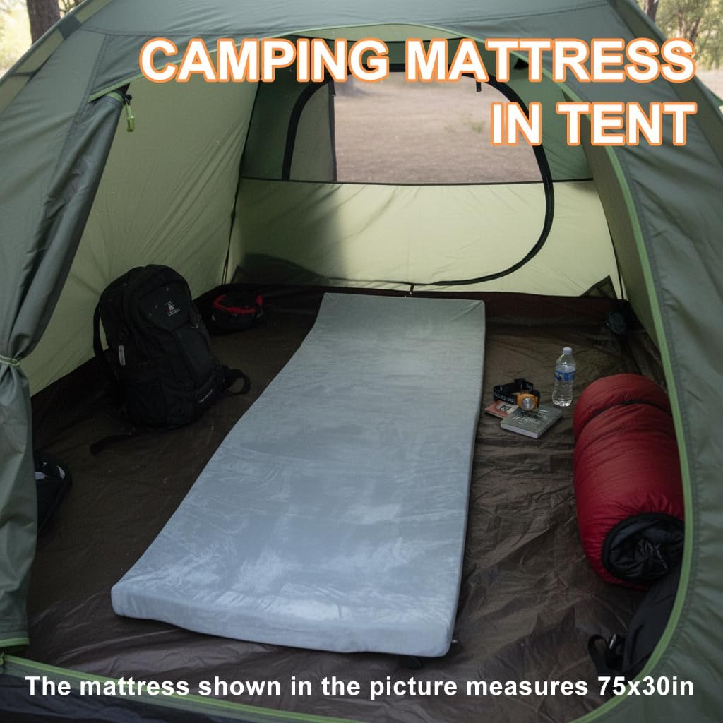 Foam Camping Mattress - Portable Sleeping Pad for Camping, Tent, Car & Floor - Washable Cover & Roll Up Travel Bag - Cot Mattress for Travel & Guests