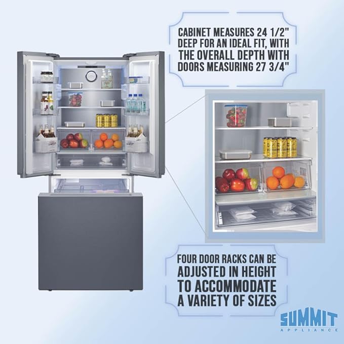 Summit 30" French Door Refrigerator, 16.1 cu.ft Capacity Refrigerator-Freezer, Bottom Mount Freezer, Freezer with Ice Maker, Energy Star, Stainless Steel- FDRD175SSIM on Fridge.com