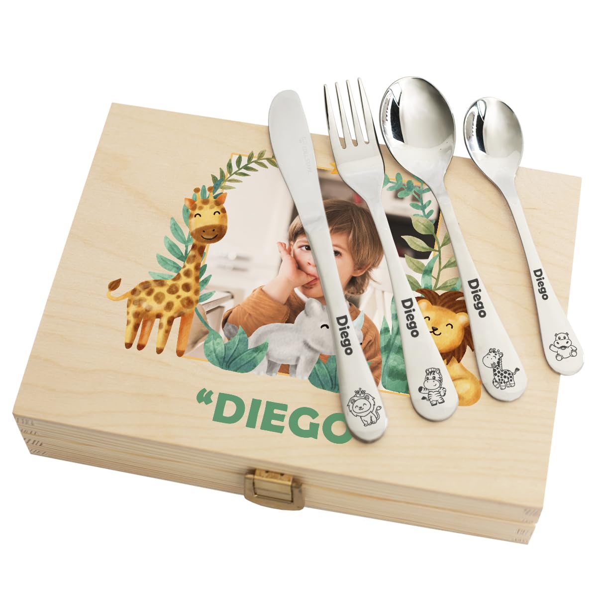 Coffret Couverts Enfant Personnalisés Safari avec Photo Imprimée UV - Set 4 Couverts Gravés Acier Inoxydable - Cadeau Naissance Baptême