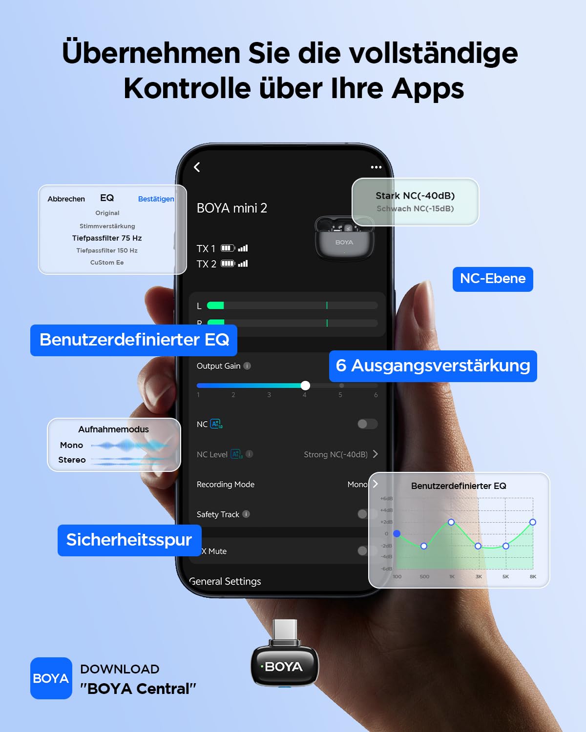 BOYA Mini 2 Mikrofon Handy, Wireless Lavalier Mikrofon für iPhone15/16/17 & Android USB-C, Ansteckmikrofone mit 48kHz/24Bit, App-Steuerung für Vlogging, TikTok Content Creator