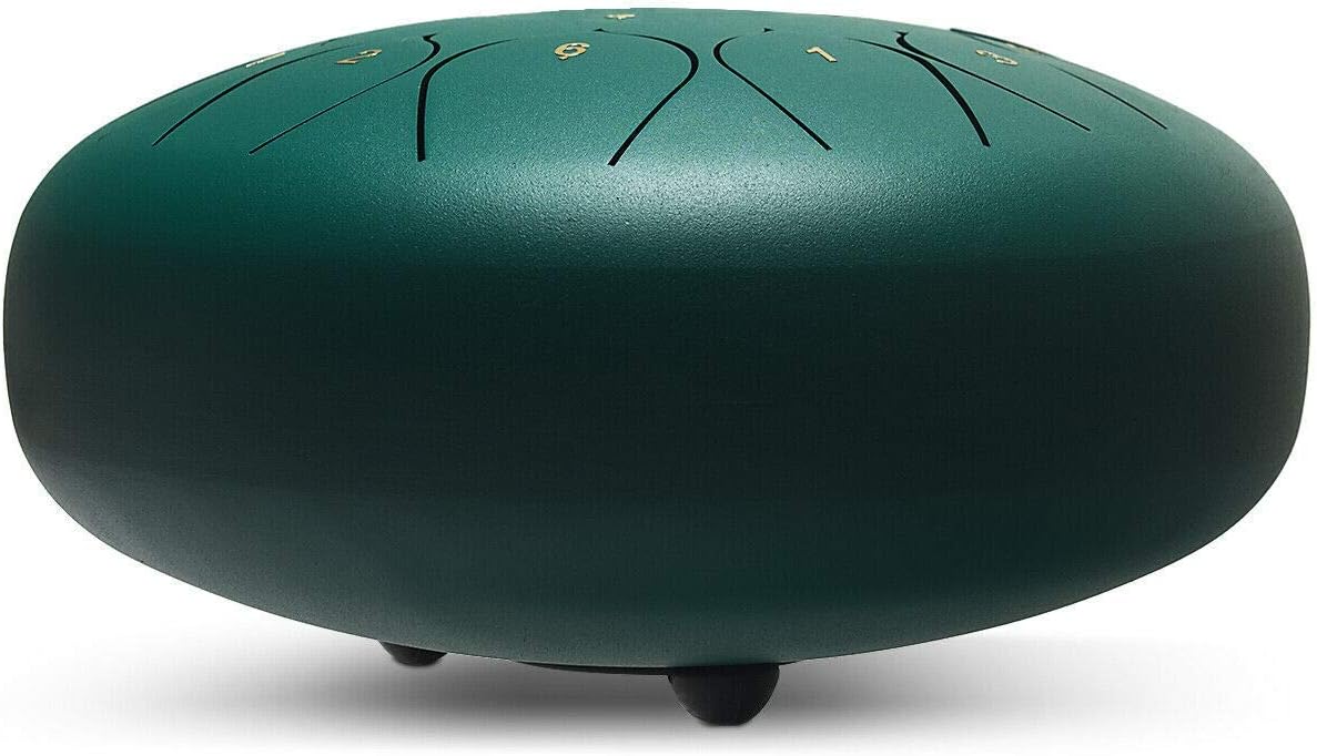 Sonart 13 Notes 12 Inch High Carbon Steel Tongue Drum, Lotus Hand Steel Pan Drum w/Drum Hammer, Drumstick Bracket, Rubber Finger Sleeve and Travel Bag for Camping, Meditation, or Yoga (Green) : Musical Instruments