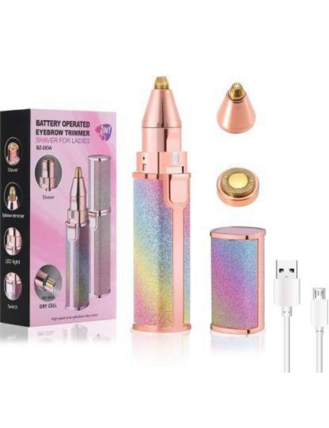 GI PREMIUM 2-in-1 Eyebrow and Upper Lip Hair Trimmer for Women With Replaceable Heads, Face Trimmer - Rainbow Design (facial epilator) (Portable eyebrow epilator)-image-27