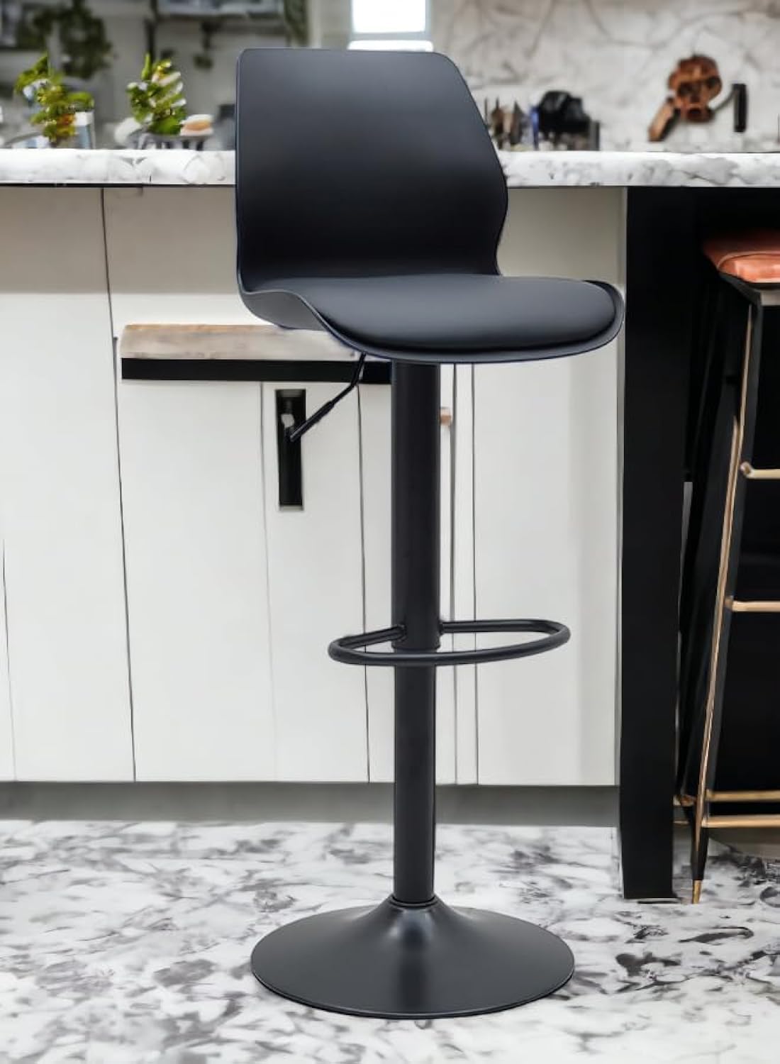 Modern design Comfortable bar stool MH-297-BLK with Faux Leather and Metal Base Adjustable Bar Chair with black chrome base For kitchen & Bar Counter or cafes, 360 Degree Rotating Seat (Blk,)