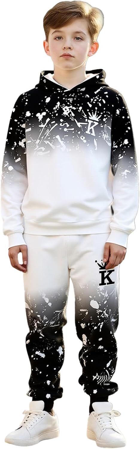 Boys Casual Hoodie Sweatshirt Set, 3D Gradient Font Print Top and Pants Spring Fall Sports 2 Piece Clothes for Kids.