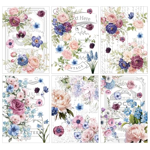 Flower Rub on Transfers for Crafts and Furniture - Wxiben 6 Sheets Retro Floral Word Rub on Transfers for Furniture Roses Plant Rub on Transfer Stickers Decals for Wood DIY Craft Office Home Decor